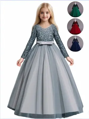 Girl's Contrast Sequin Bow Decor Tulle Dress, Elegant Long Sleeve Zipper Back Party Gown, Kids Clothes for All Seasons