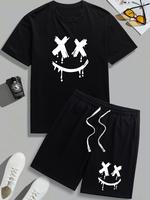 Two-Piece Set Men's Letter Print Tee & Shorts, Regular Fit Round Neck Short Sleeve T-Shirt & Track Shorts, Casual Summer Clot...