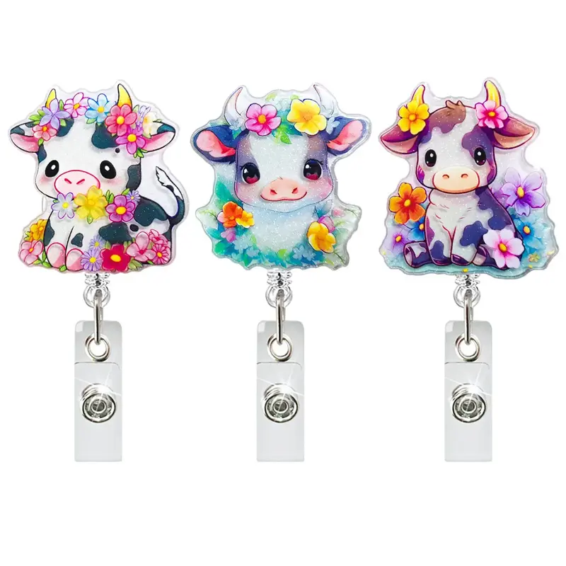 Cute Cow Design Badge Holder, 1 Count Flower Decor Retractable Badge Reel with Clip, Identification Badges & Supplies for Off...