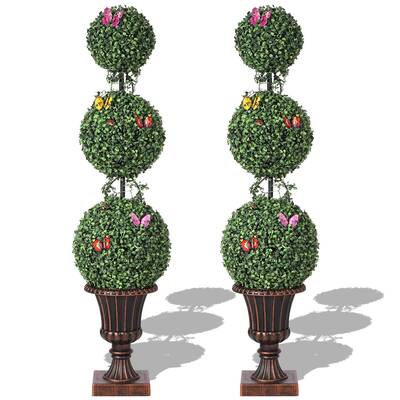 Garvee 4ft Artificial Triple Ball Topiary Trees with Trophies Flower Pots, Artificial Plants Outdoor with Vines & Insects Dec...