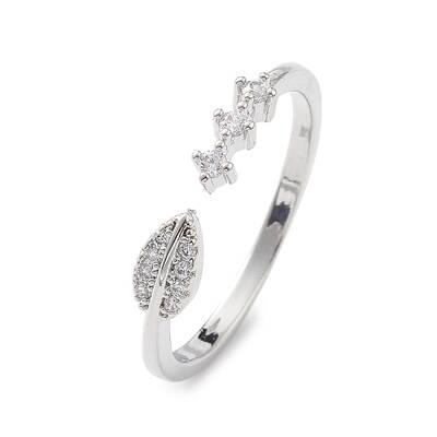 Clear Cubic Zirconia Leaf Open Cuff Ring