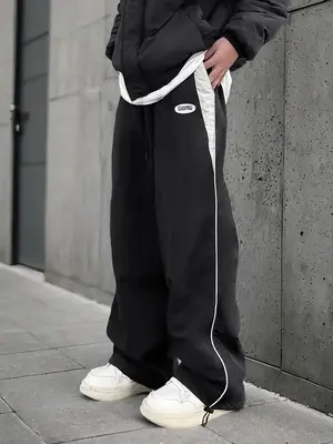 Unisex Colorblock Patched Drawstring Waist Wide Leg Pants, Men's Casual Street Baggy Jeans, Loose Pocket Trousers for Daily W...