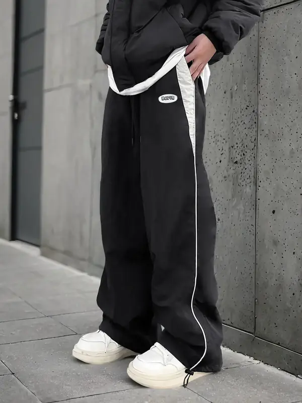 Unisex Colorblock Patched Drawstring Waist Wide Leg Pants, Men's Casual Street Baggy Jeans, Loose Pocket Trousers for Daily W...