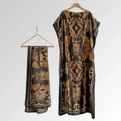 Women's Fashion Print Long Robe Set, Moomoo Dress + Scarf Headband, Casual Woven Fabric, Thin All-Season Wear, Beach Sun Prot...