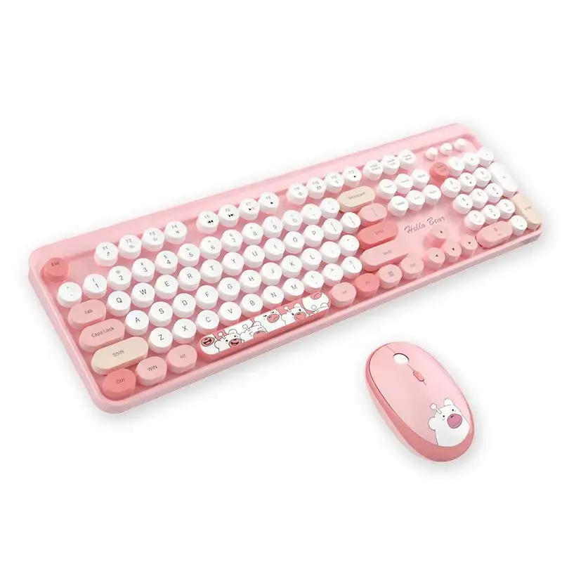 MOFII Adorable Cartoon Bear Wireless Ergonomic Keyboard & Mouse, 2 Counts/set Durable 2.4G Round Keycap Gaming Keyboard & M...