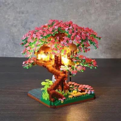 Cherry Blossom Tree House Building Blocks, 2138pcs/set Creative Micro-particle Assembled Model Toy, Birthday Gift Options