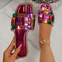 Women's Open Toe Color Block Sandals Slip on Braided Slide Slippers Perfect for Summer Beach.