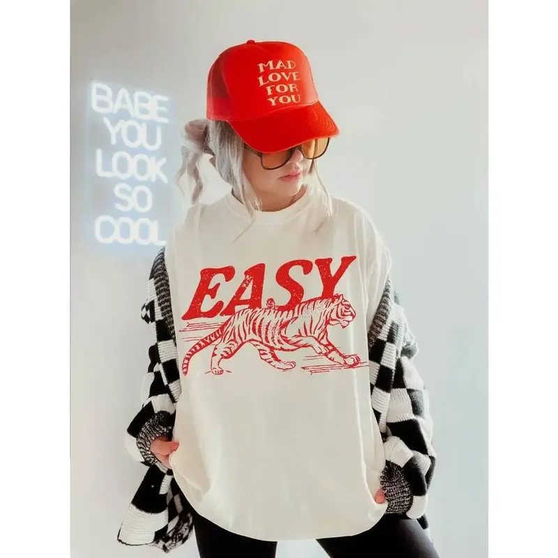 Easy Tiger Tee Vintage Inspired Shirt Trendy Tiger T Shirt Retro Festival Clothing Oversized Tee Boho Hippie Clothes Casual C...