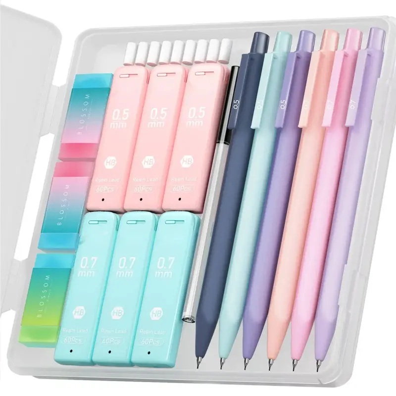 Cute Mechanical Pencil Set, 6PCS Pastel Pencils 0.5mm & 0.7mm with 360PCS HB Pencil Leads, 3PCS Erasers and 9PCS Eraser Refil...