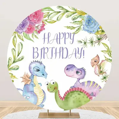 Colorful Dinosaurs Floral Round Birthday Backdrop - Aperturee