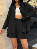 Women's Solid Color Button Shirt & Shorts Two-Piece Set, Casual Minimalist Short Sleeve Collar Top & Shorts for Summer, Ladi...