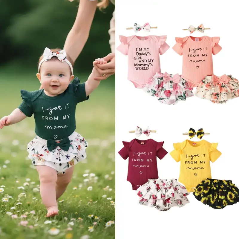 Baby Girls Cute Clothes Set Pink Girls Outfits Funny Letter Print Short Sleeve Top Romper Floral Shorts Headband 3PCS Set Gre...