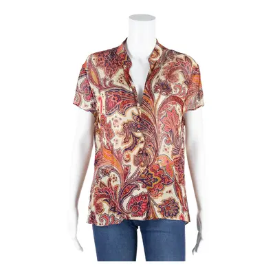 JAEGER Sheer Blouse Red V-Neck Paisley Short Sleeve Womens UK 14
