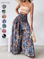 Women's Ethnic Pattern Shirred Waist Wide Leg Pants, Boho Casual High Waist Trousers for Daily Holiday Vacation Wear, Ladies ...
