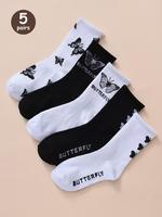 Women's Butterfly Print Crew Socks Set, Fashion Casual Cozy Letter Graphic Midi Crew Socks for Daily Outdoor Wear, Summer Wea...