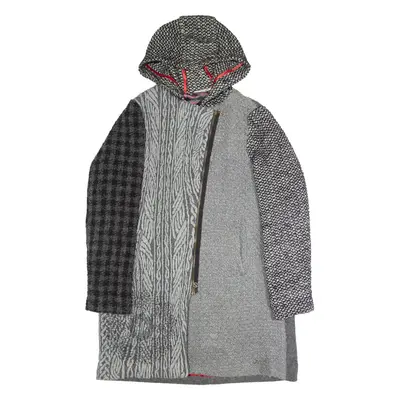 DESIGUAL Womens Overcoat Coat Grey Knit Wool Hooded Patchwork UK 16