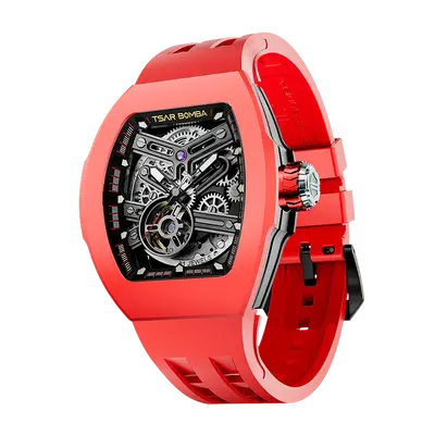 TSAR BOMBA Men's Automatic Skeleton Watch | Interchangeable Luxury Design | Red | Atomic TB8218 | Fluororubber
