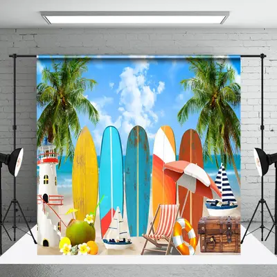 Resort Beach Surfboard Coconut Tree Summer Backdrop - Aperturee