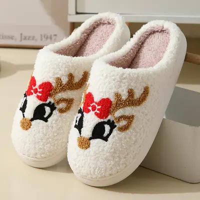 Christmas Home Slippers Cute Cartoon Santa Claus Cotton Slippers For Women And Men Couples Winter Warm Furry Shoes | Color: F...