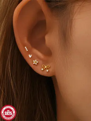S925 Sterling Silver Stud Earring Set, Elegant Bowknot & Heart & Flower Design Earrings for Women & Girls, All-match Fashion ...