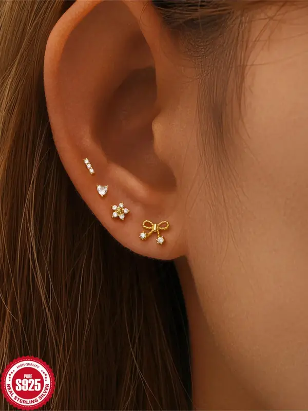 S925 Sterling Silver Stud Earring Set, Elegant Bowknot & Heart & Flower Design Earrings for Women & Girls, All-match Fashion ...