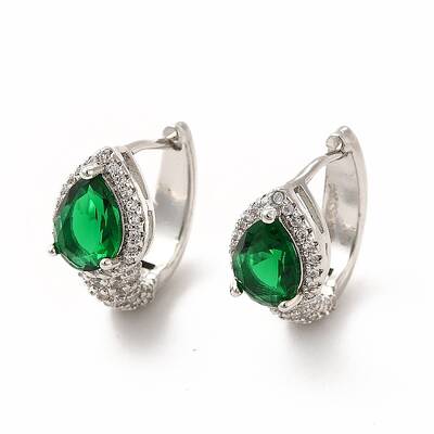 Green Cubic Zirconia Teardrop Hoop Earrings