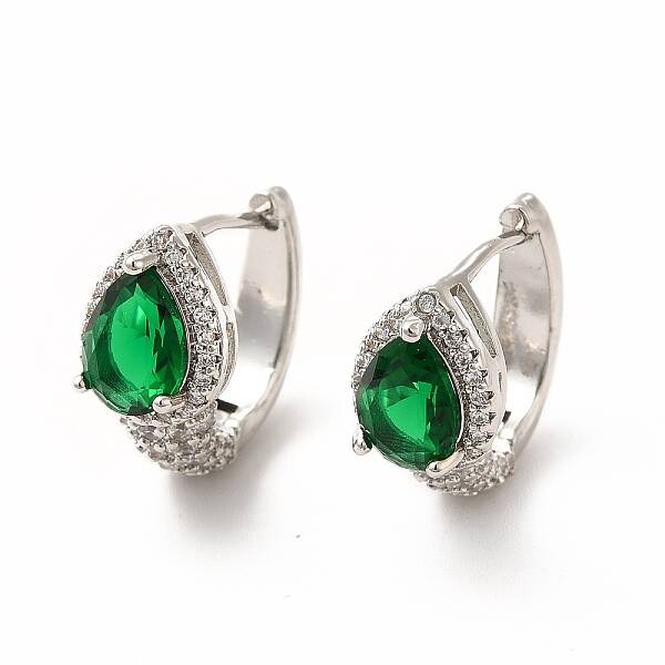 Green Cubic Zirconia Teardrop Hoop Earrings