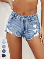 Women's Ripped Slash Pockets Vintage Denim Shorts, Womenswear Casual Fashion Fit Trendy Raw Hem Jean Shorts for Daily Wear, L...