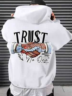 Men's Letter & Hand Print Drop Shoulder Hoodie, Fashion Casual Regular Fit Drawstring Pocket Hooded Sweatshirt for Daily Holi...