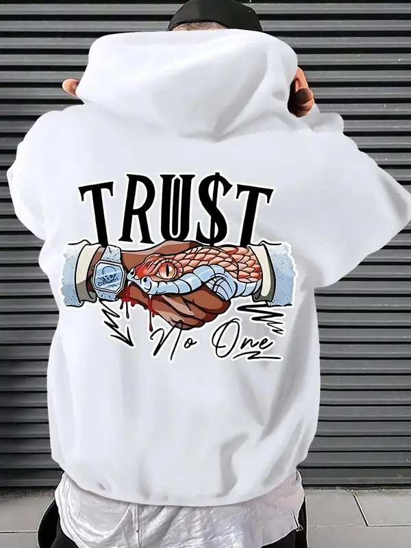 Men's Letter & Hand Print Drop Shoulder Hoodie, Fashion Casual Regular Fit Drawstring Pocket Hooded Sweatshirt for Daily Holi...