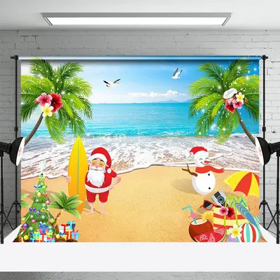 Santa Snowman Beach Tree Christmas In July Backdrop - Aperturee