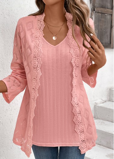 Modlily Dusty Pink Long Sleeve Fake Two Piece Twinset - XL
