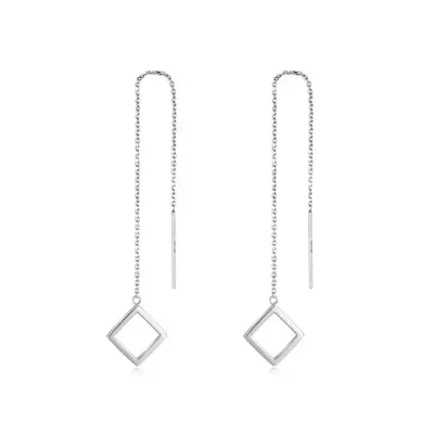 18k White Gold Square Long Chain Dangle Threader Earrings for Women