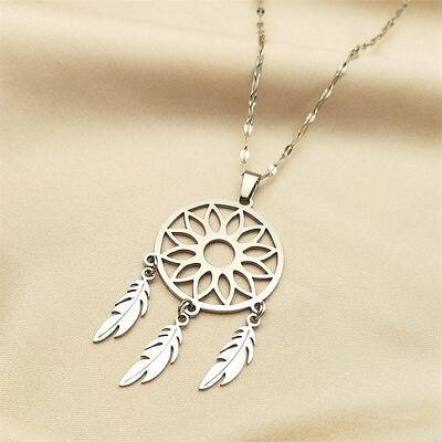 Non-Tarnish Woven Net/Web with Feather 304 Stainless Steel Boho Pendant Necklaces for Women