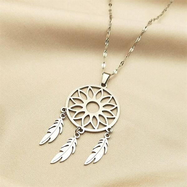 Non-Tarnish Woven Net/Web with Feather 304 Stainless Steel Boho Pendant Necklaces for Women