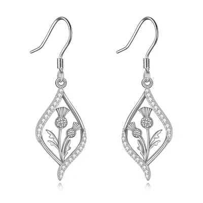 Sterling Silver Circular Shaped Cubic Zirconia Thistle Drop Earrings