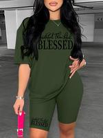 Two-piece Set Women's Letter Print Crew Neck Tee & Skinny Shorts, Casual Fashion Cozy Round Neck T-shirt & Shorts for Daily O...