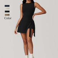 Women Solid Color High Neck Tennis Dress Sleeveless Wrap Skirt Built-in Shorts Golf Athletic Outfit Casual Sportswear Summer ...