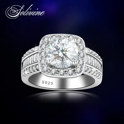 3CT Square Halo Ring, 925 Sterling Silver 5A CZ Wedding Band for Women, Promise Engagement Ring Gift for Her