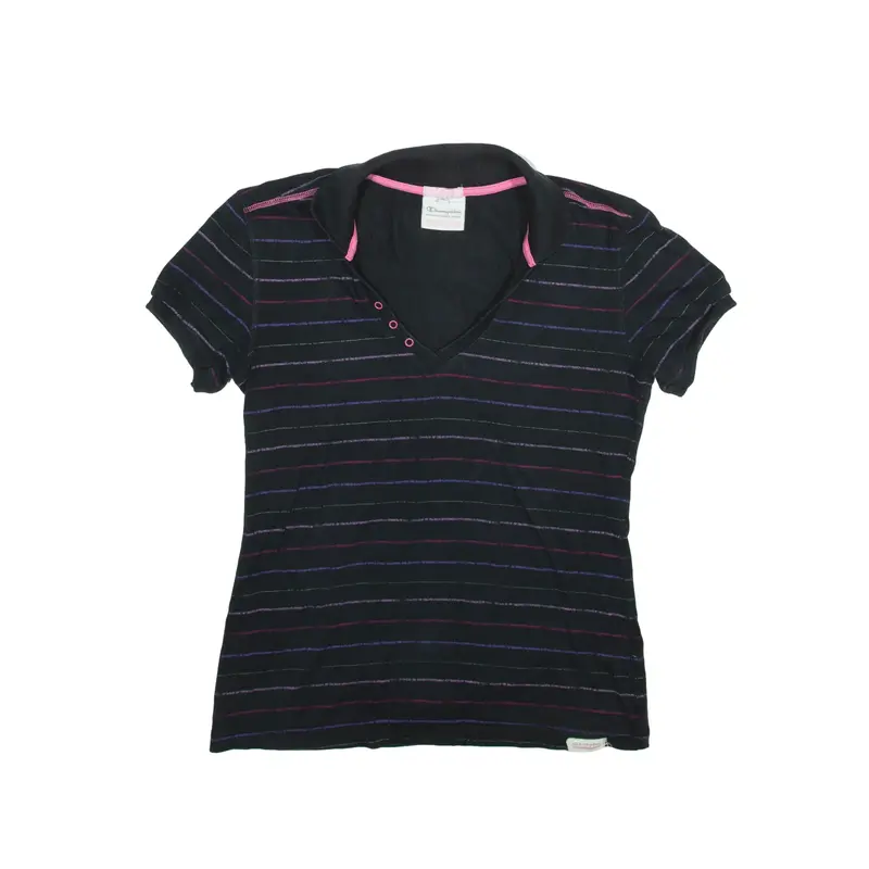 CHAMPION V Neck Polo Shirt Black Striped Short Sleeve Womens XL
