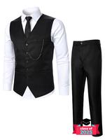 Two-piece Set Men's Solid Button Front Suit Vest & Pocket Pants Suit Set, Chain Decor V Neck Top & Trousers, Men's Formal Out...