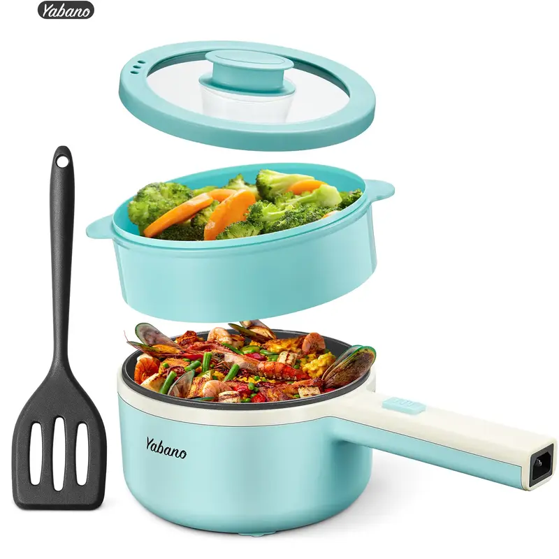 Yabano Electric Pot, 850W Non-Stick Electric Hot Pot with Steamer,1.6L Noodles Cooker with Dual Power Control, Portable Pot F...