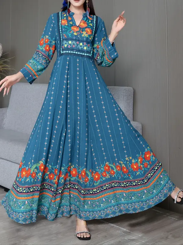 Women's Floral Pattern Long Dress, Boho Style  Dress for Beach Holiday Vacation, Ladies Clothes for All Seasons