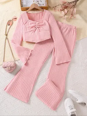 Two-Piece Set Teenager Girl's Solid Bow Decor Ruched Tee & Flare Leg Pants Set, Casual Sweetheart Neck Flounce Sleeve Top & ...