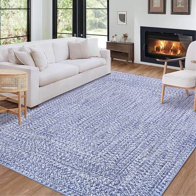 Garvee Light Blue 3x5 Washable Rug with Non Slip Backing Living Room Rug Printed Braided Floor Cover Low Pile Solid Printed W...