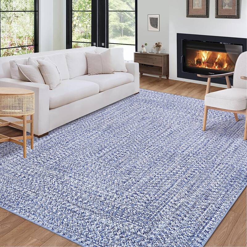 Garvee Light Blue 3x5 Washable Rug with Non Slip Backing Living Room Rug Printed Braided Floor Cover Low Pile Solid Printed W...