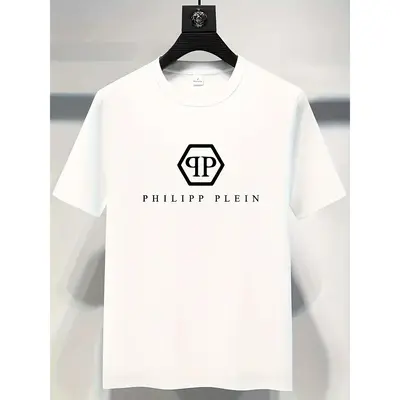 Philipp Plein Men'S Casual T-Shirt - 100% Polyester, Geometric Design, Round Neck, Short Sleeve, Summer Fashion Graphic Tee w...