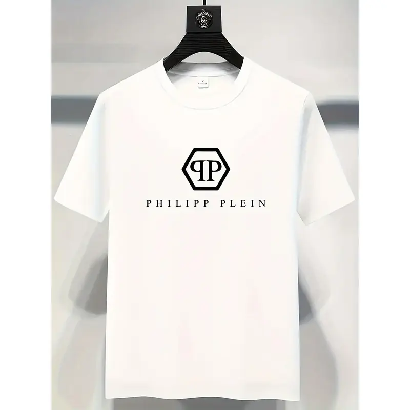 Philipp Plein Men'S Casual T-Shirt - 100% Polyester, Geometric Design, Round Neck, Short Sleeve, Summer Fashion Graphic Tee w...