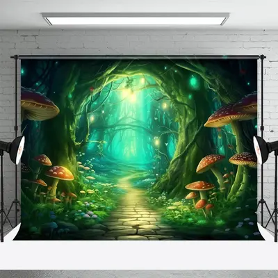 Green Enchanted Forest Mushroom Path Photo Backdrop - Aperturee