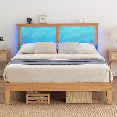 Garvee Rattan King Bed Frame, Boho King Size Bed Frame with Natural Rattan Headboard, Led Lights, Wooden Support Legs and Sla...